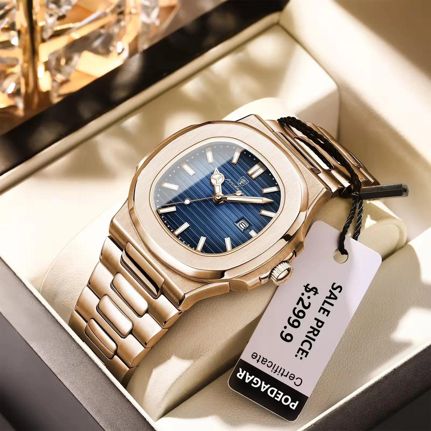 POEDAGAR 613 Men's Luxury Gold Watch – Fashion Square Quartz Business Watch with Stainless Steel, Waterproof, Luminous, and Date Display Thierry
