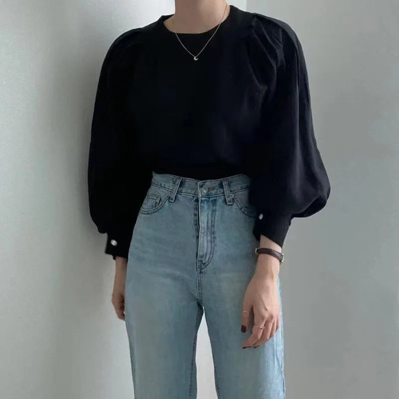 Women's Summer Casual Bubble Sleeve Shirt – French Style Round Neck Top