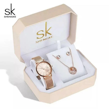 SK Women’s Watch and Bracelet Set – Fashion Bling Jewelry Gift Set with Necklace | Stylish Ladies Wristwatch Set
