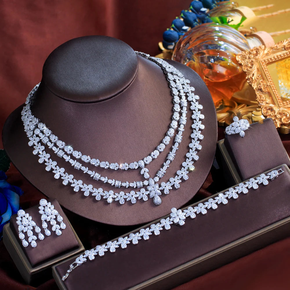 4pcs Luxury Triple-Layered Flower Jewelry Set – Necklace, Earrings & Tassel | Big Middle East Bridal Wedding Jewelry for Women Édith-Marie