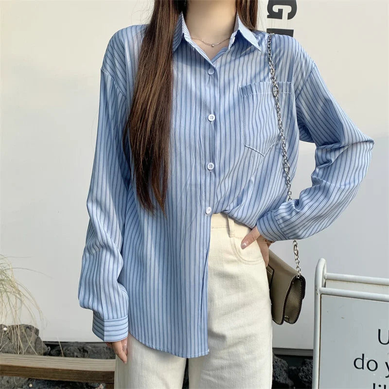 Women's Striped Loose Shirt | Retro Korean Casual Long Sleeve Blouse Rachel