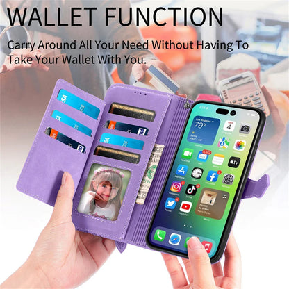 Luxury PU Leather Wallet Phone Case | Zipper Card Holder with Butterfly Flower Design & Strap for iPhone 16, 15, 14 Pro and Samsung