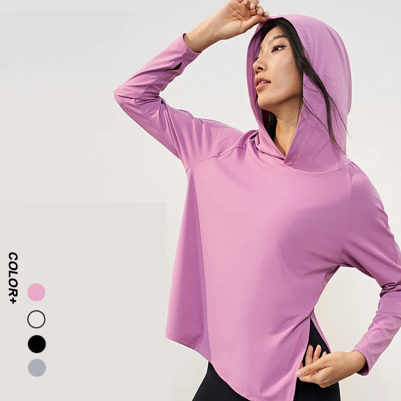 Women's Nude Feeling Workout Top | Split Hem Long Sleeve Hooded Yoga Shirt