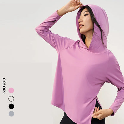 Women's Nude Feeling Workout Top | Split Hem Long Sleeve Hooded Yoga Shirt