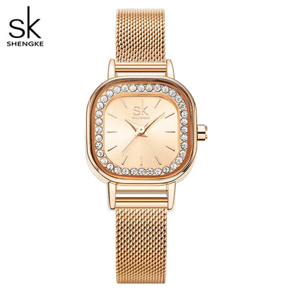 Shengke Women's Luxury Square Dial Quartz Watch – Fashion Black Stainless Steel Mesh Band Wristwatch for Ladies