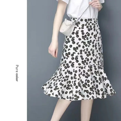 Women Girls Dot Printed Fishtail Skirt Ruffles Irregular Hem Bandage Belt Mermaid Dress Long Skirt