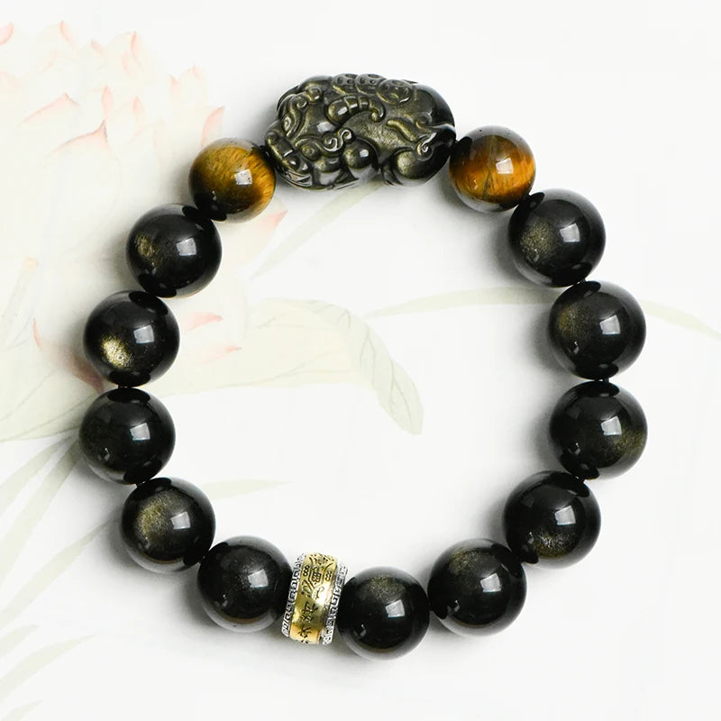 Fortune Feng Shui Gold Obsidian Pixiu Beads Bracelet – Stainless Steel Lucky Amulet Jewelry