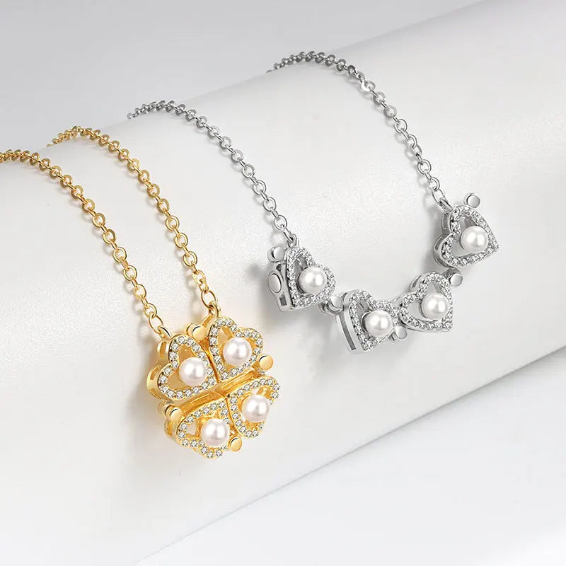 925 Sterling Silver Magnetic Four-Leaf Clover Necklace – Heart-Shaped Pendant Love Jewelry for Women and Girls Gift Cimorene