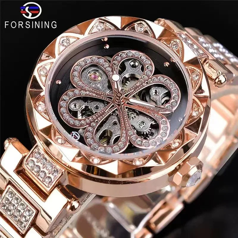 Forsining 342 Women's Automatic Mechanical Watch – Elegant Flower Design, Stainless Steel Fashion Wristwatch