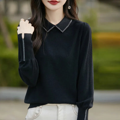 Women’s Autumn Lantern Sleeve Knitted Sweater – Casual Versatile Pullover with Fashion Collar