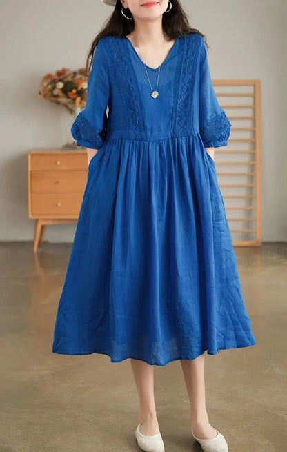 Women Casual Dress Long Sleeve Solid Color V Neck Midi Cotton Linen Dress Linen Dresses Women
