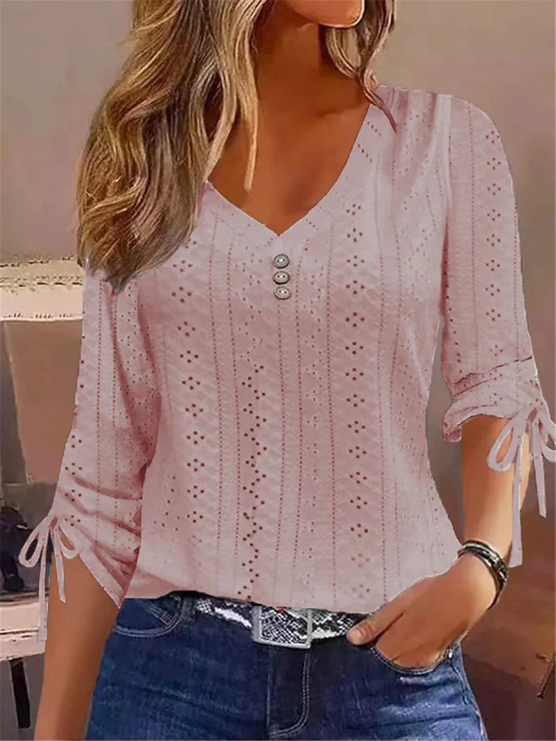 Autumn/Winter Solid Color Jacquard V-Neck Button-Up Long-Sleeve Top
