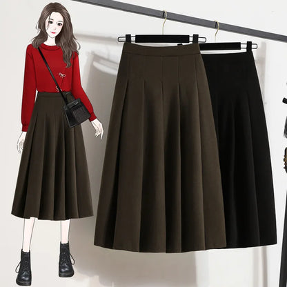 High Waist A-line Pleated Skirt Solid Color Loose Mid Long Style Elegant Casual Skirt