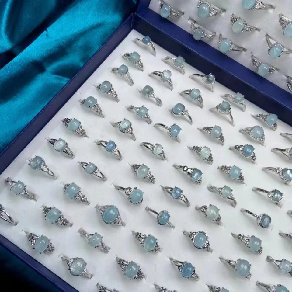 White Copper Silver-Plated Gemstone Rings – Resizable Aquamarine Crystal Finger Rings | Unique Gift for All Occasions