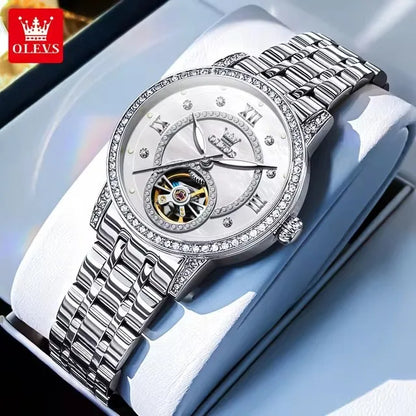 OLEVS 7036 Women’s Skeleton Mechanical Watch – Diamond Bezel Elegant Automatic Ladies Wristwatch