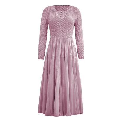 Smocked Dress Casual Slim Fit Long Sleeve Embossed Pleated Elegant Dress