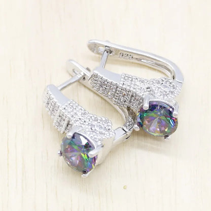Trendy 925 Sterling Silver Jewelry Set – Luxury Rainbow Cubic Zircon Earrings & Pendant Necklace | Classic Bridal Wedding & Party Design Lucille