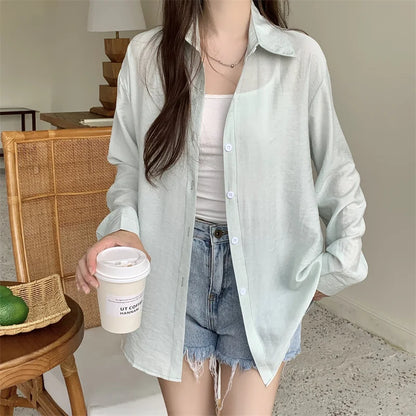 Women's Lightweight Long-Sleeve Shirt | Loose Korean-Style Single-Breasted Blouse Kara