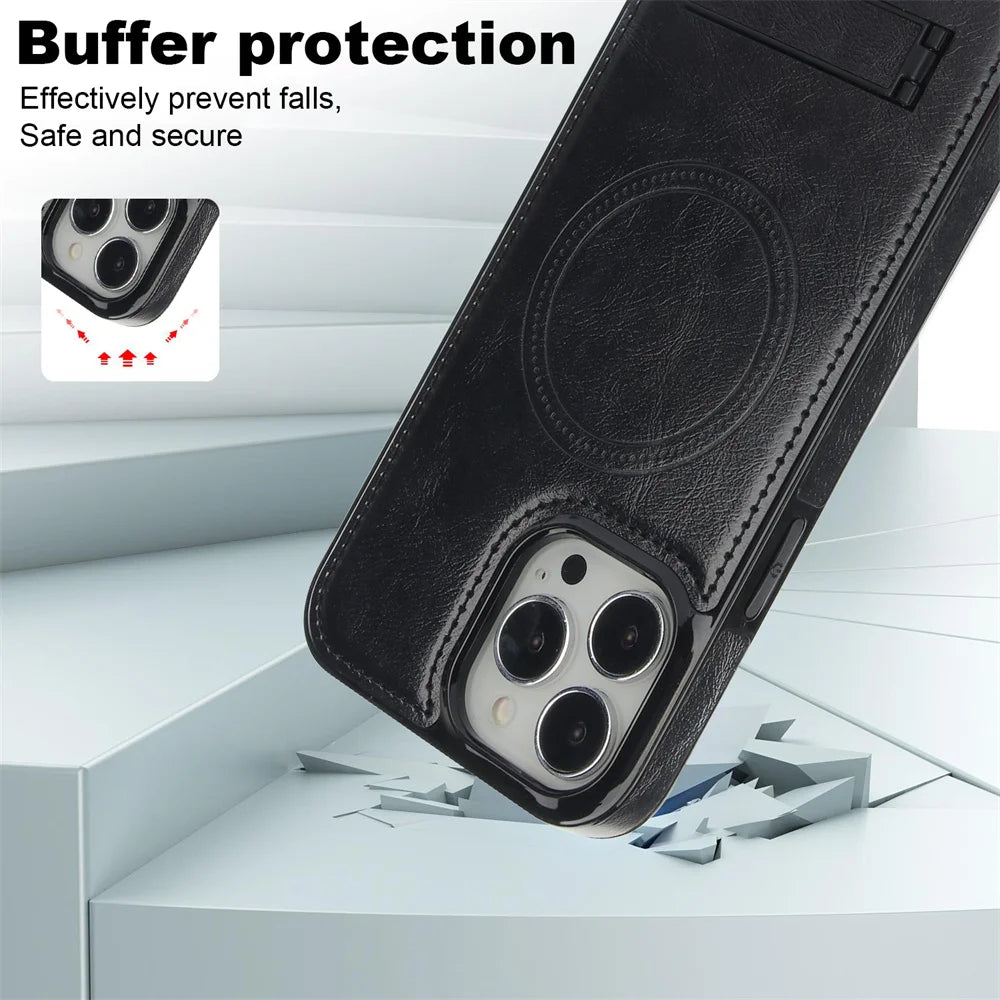 Luxury Leather Strong Magnetic Wireless Charging Mobile Case for iPhone 15 14 12 Pro Max Kickstand Phone Case