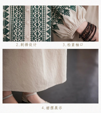 Women’s Loose Embroidered Long Dress – Extra Wide Cotton Linen with Round Neck
