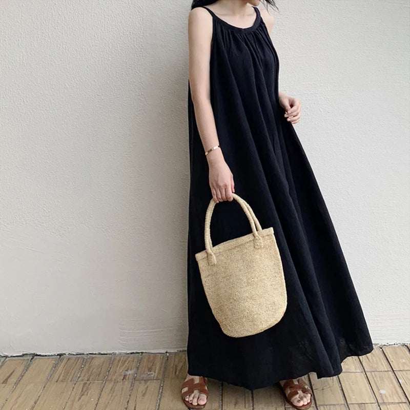 Summer Retro Cotton Linen A-Line Dress | Sleeveless Korean Style Casual Women's Fashion Lavender