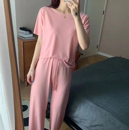 Women's Summer Casual Two-Piece Set – Solid Color Short Sleeve T-Shirt and Wide-Leg Trousers