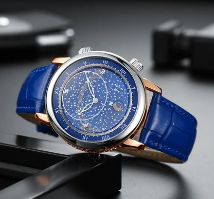 PAULAREIS Luxury Men’s Automatic Watch – Starry Sky Rotating Dial, Waterproof Mechanical Wristwatch with Leather Strap Astro
