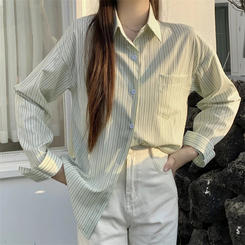 Women's Striped Loose Shirt | Retro Korean Casual Long Sleeve Blouse Rachel