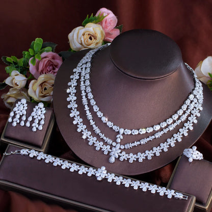 4pcs Luxury Triple-Layered Flower Jewelry Set – Necklace, Earrings & Tassel | Big Middle East Bridal Wedding Jewelry for Women Édith-Marie