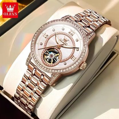 OLEVS 7036 Women’s Skeleton Mechanical Watch – Diamond Bezel Elegant Automatic Ladies Wristwatch