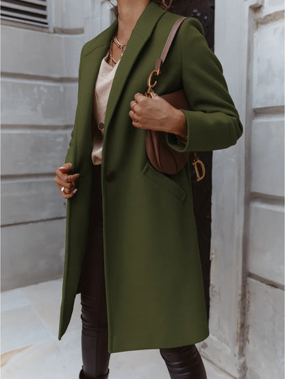 Women's Solid Color Woolen Coat - Lapel Button Mid-Length Autumn & Winter, Office Wear Cathy