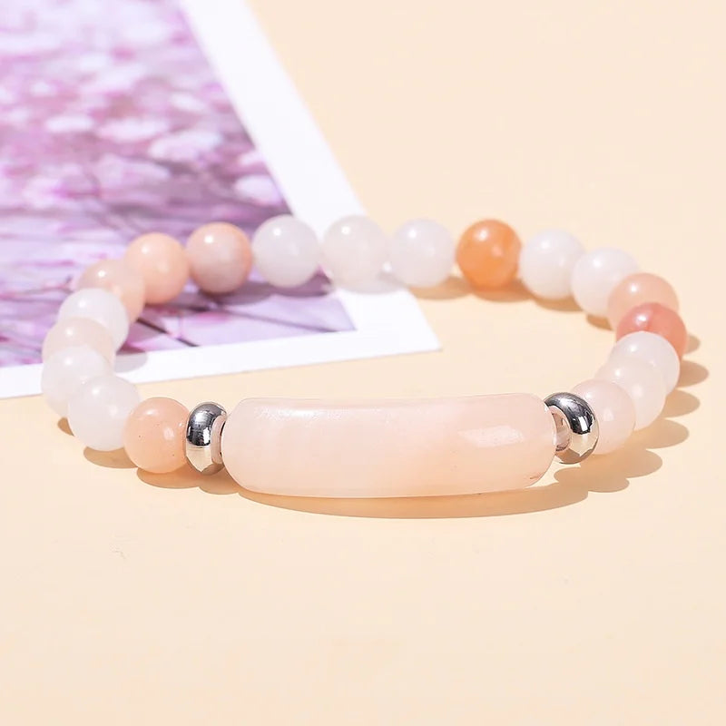 8mm Pink Crystal Bead Bracelet – Natural Stone Stretch Bracelet with Stainless Steel Accessories