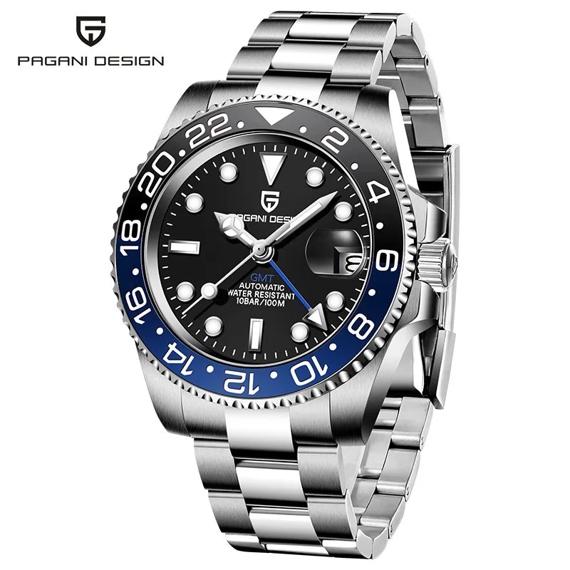PAGANI DESIGN PD‑1662 Men’s GMT Automatic Mechanical Watch | Sapphire Glass, Stainless Steel, 100M Waterproof Luxury Timepiece