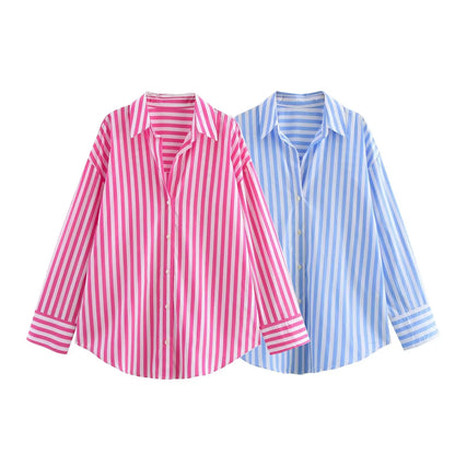 Women's Striped Poplin Lapel Shirt - Spring Fashion Long Sleeve Top Anika
