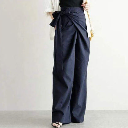 Women's Casual High-Waist Lace-Up Wide-Leg Pants - Solid Color, Loose Fit