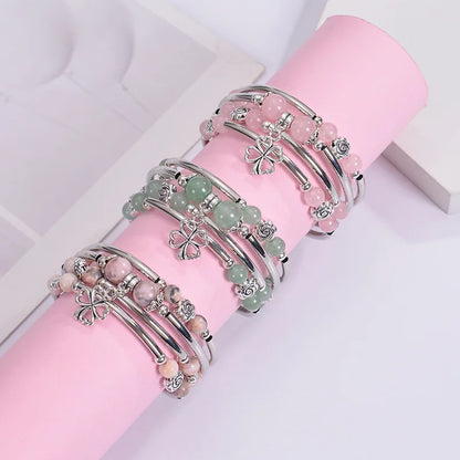 Fashion Multilayer Natural Stone Beaded Bracelet – 6MM/8MM Pink Zebra Stone with Flower Pendant | Handmade Wrap Jewelry for Women Marielle
