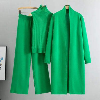 Casual Women’s 3-Piece Knitted Sweater Set – Vest, Long Cardigan, and Leggings | Stylish Loungewear & Outerwear for Women Leona