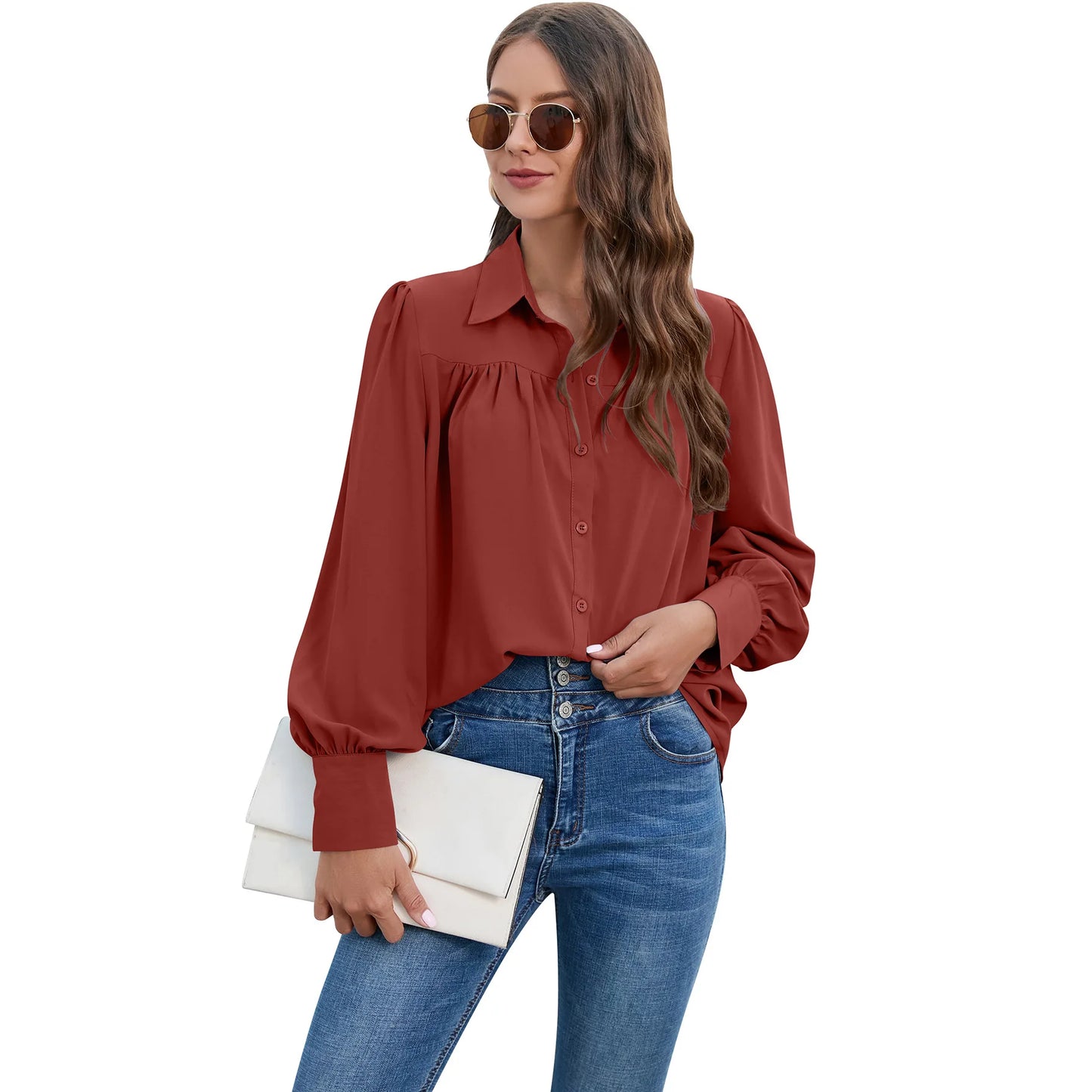 Women's Pleated Chiffon Shirt - Long-Sleeve Top Shaira