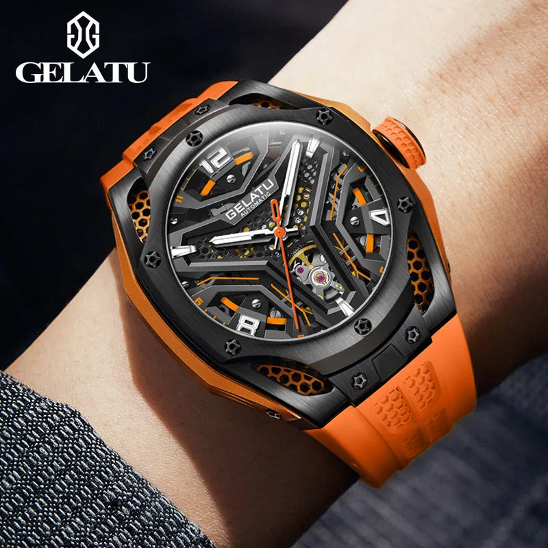 GELATU 6007 Men's Hollow Automatic Mechanical Skeleton Sports Watch with Silicone Strap - Original Design