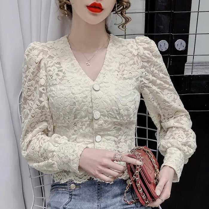 Women's Lace Shirt – Solid Color, Puff Long Sleeve, French V-Neck, Button-Down Mesh Transparent Casual Top