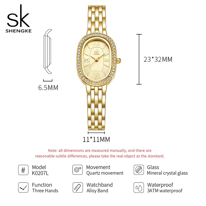 Shengke Women's Luxury Oval Crystal Watch – Elegant Diamond-Accented Fashion Wristwatch with Alloy Bracelet for Girls and Women