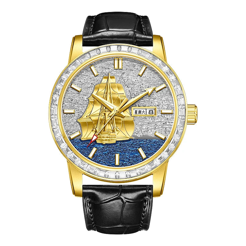 HANBORO Men’s Automatic Mechanical Watch – Smooth Sailing Series, Sailboat Design, Calendar Display Maedric