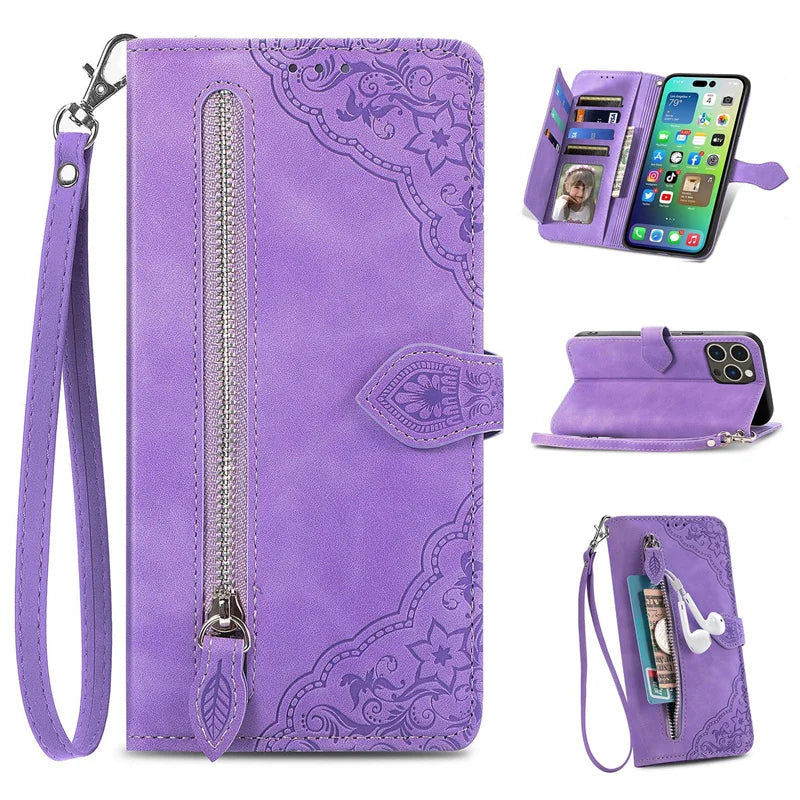 Luxury PU Leather Wallet Phone Case | Zipper Card Holder with Butterfly Flower Design & Strap for iPhone 16, 15, 14 Pro and Samsung