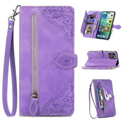 Luxury PU Leather Wallet Phone Case | Zipper Card Holder with Butterfly Flower Design & Strap for iPhone 16, 15, 14 Pro and Samsung