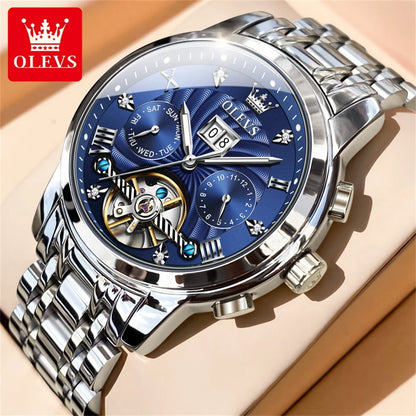 OLEVS 6617 Men's Tourbillon Watch - Classic Business Style, Stainless Steel Band, Skeleton Dial, Automatic Mechanical Wristwatch