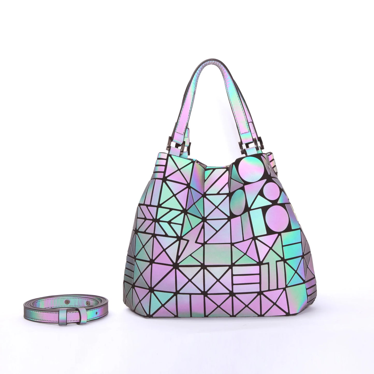 Reflective Geometric Handbag - Customizable Bucket Bag with Luminous Folding Design Dahlia