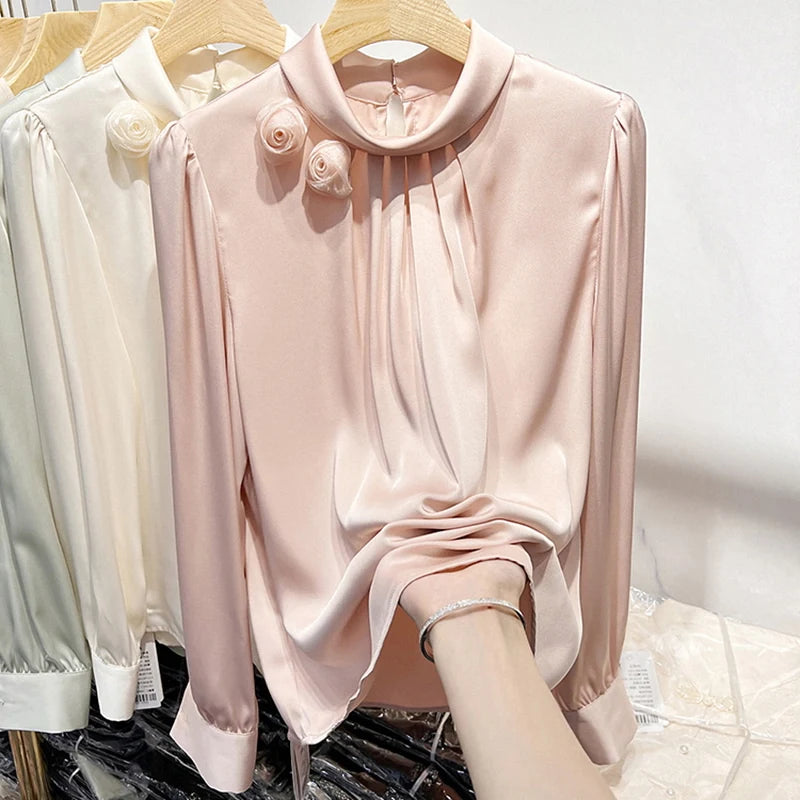 Spring French Style Women's Shirt – Standing Collar, Floral Design, Long Sleeve, Elegant Minimalist Top