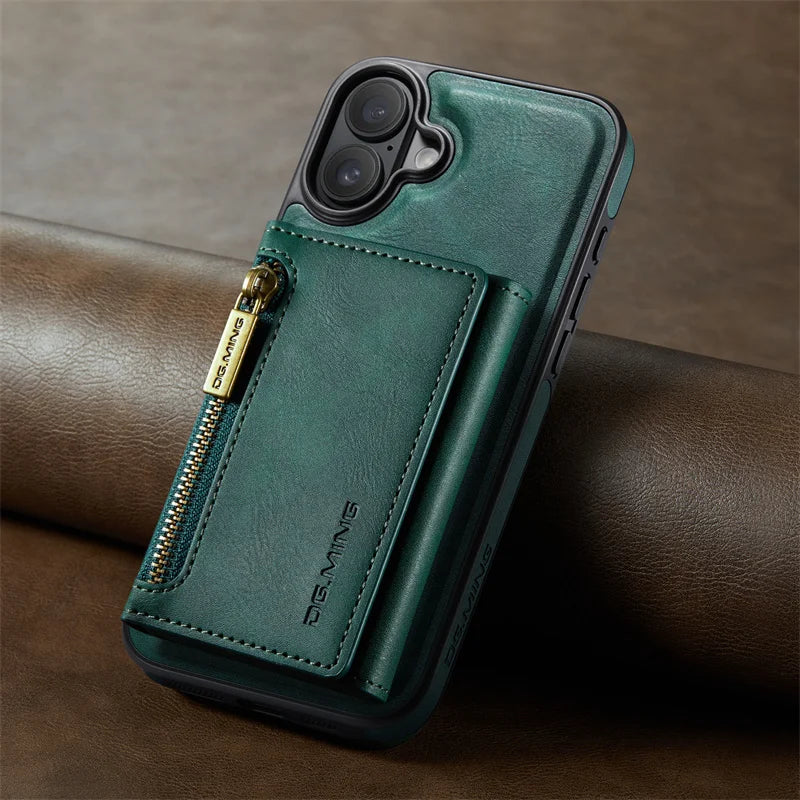 Premium Luxury Zipper Wallet Phone Case | 2-in-1 Detachable Case with Multi-Card Slots for iPhone 16, 15, 14 Pro Max
