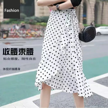 Women Girls Dot Printed Fishtail Skirt Ruffles Irregular Hem Bandage Belt Mermaid Dress Long Skirt
