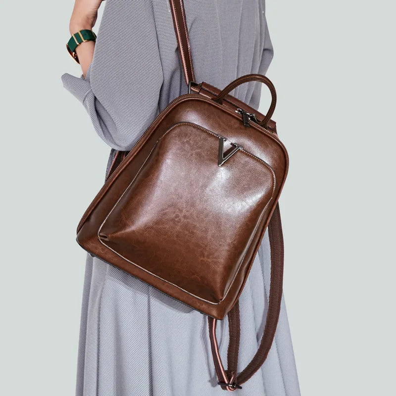 Vintage Waxy Cow Leather Backpack for Women - Stylish Ladies' School and Everyday Bag Cassy
